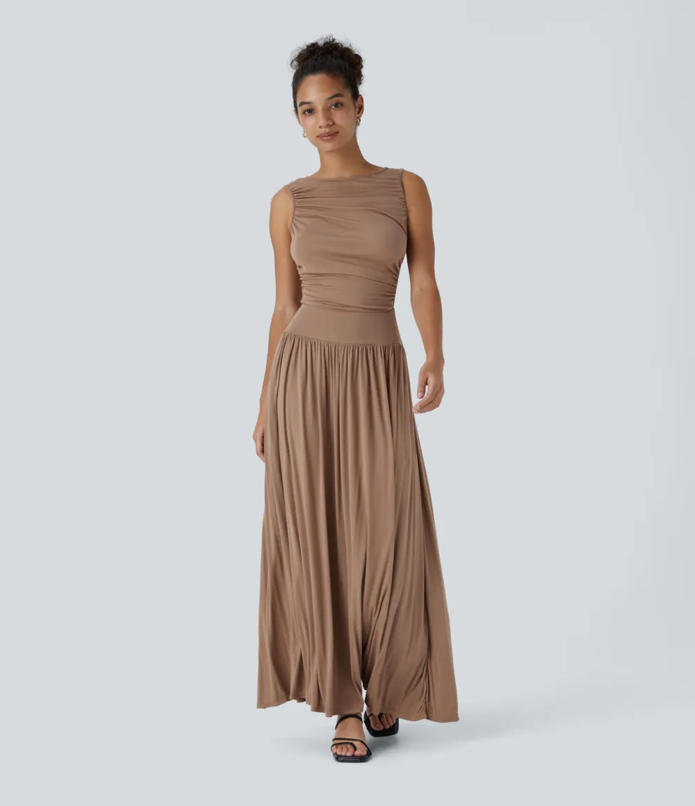 Ribbed Boat Neck Ruched Side Pocket Flowy Maxi Casual Dress