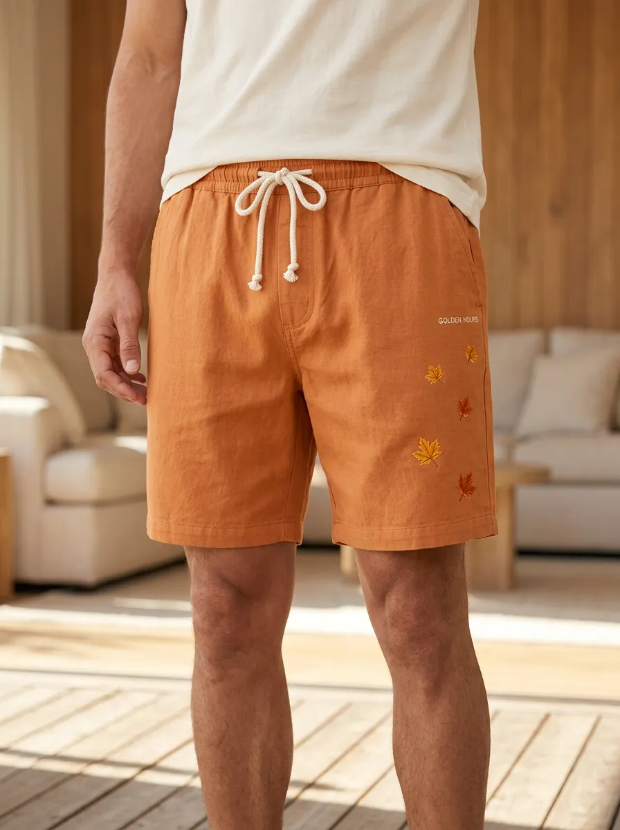 Rust Embroidered Leaf Drawstring Drawstring Shorts