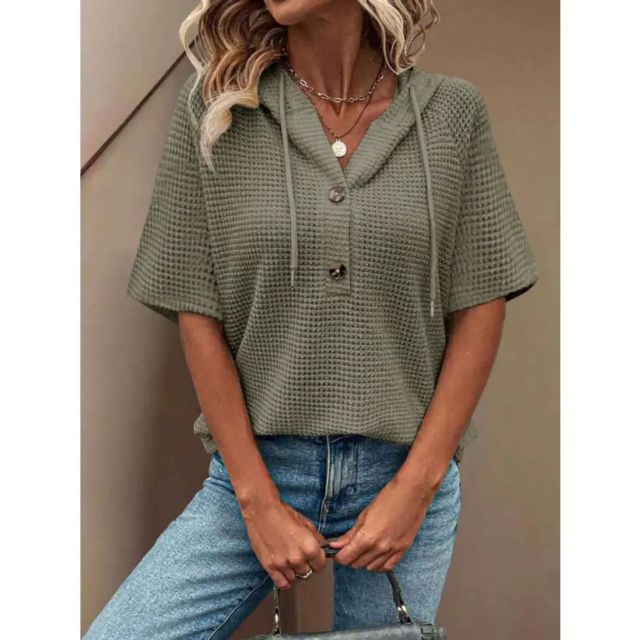 Waffle Knit Hooded Short Sleeve Blouse