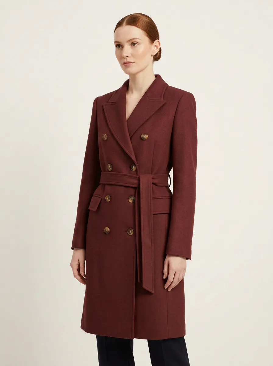 Women's Camel Double-Breasted Belted Wool-Blend Coat