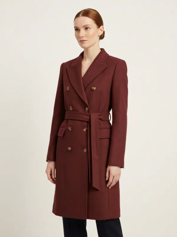 Women's Camel Double-Breasted Belted Wool-Blend Coat