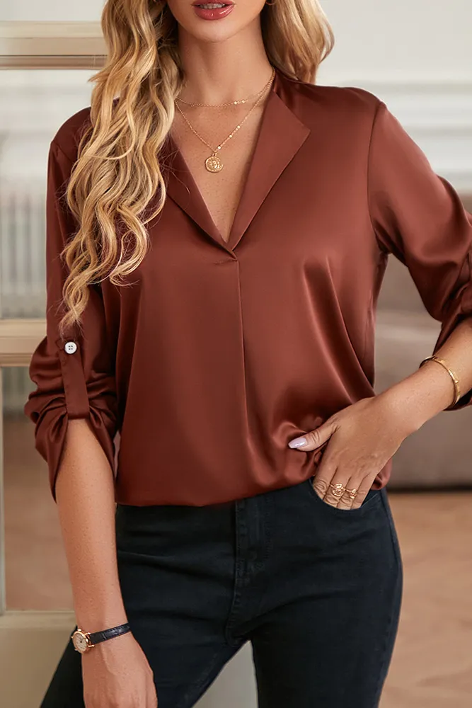 Silky Flip Collar Tucked Blouse