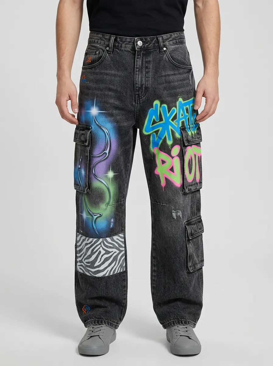 Men's Streetwear Skate Riot Graffiti Zebra Graphic Cargo Jeans