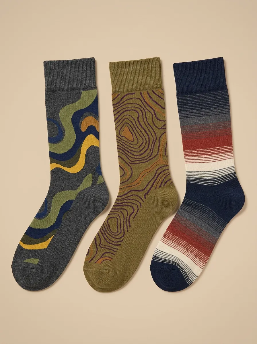 Men's Abstract Geometric Topographic Striped Printed Three Pack Socks