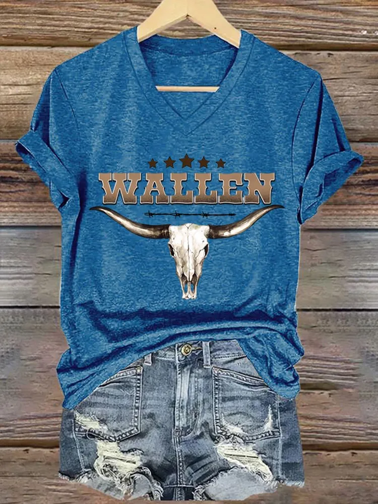 Bull Skull-Themed V-Neck Short-Sleeved T-Shirts