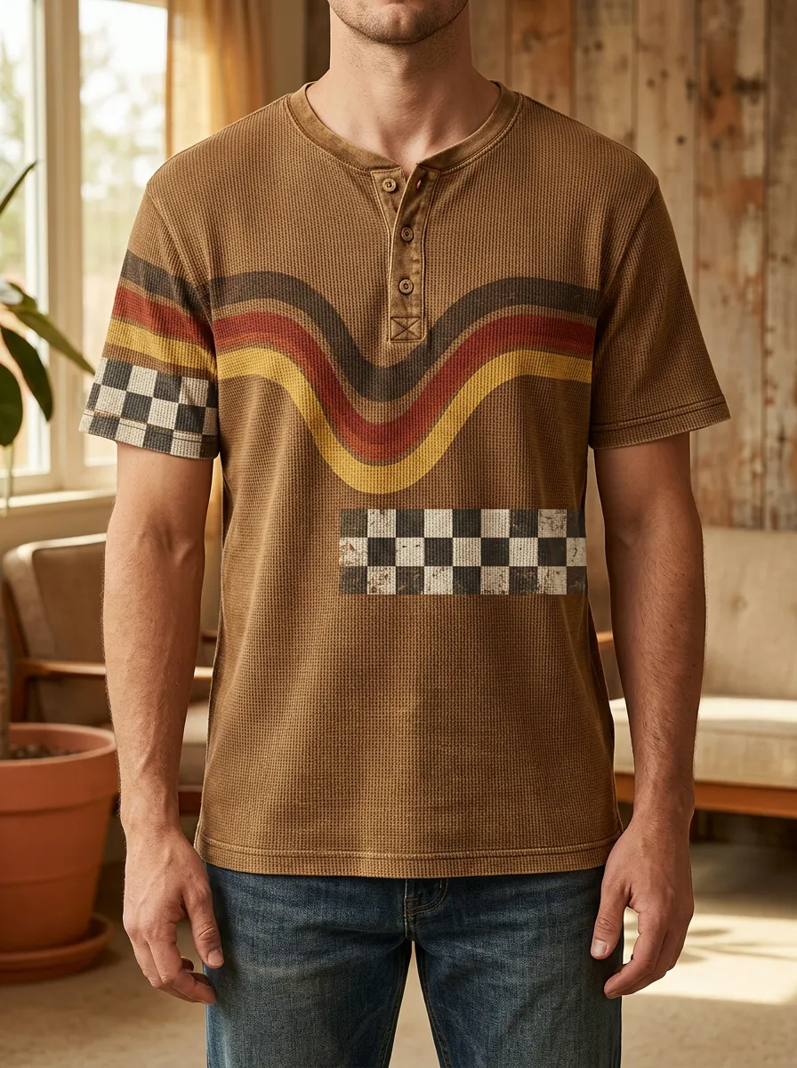 Men's Retro Vintage Waffle Knit Checkerboard Striped Printed Henley T-shirt