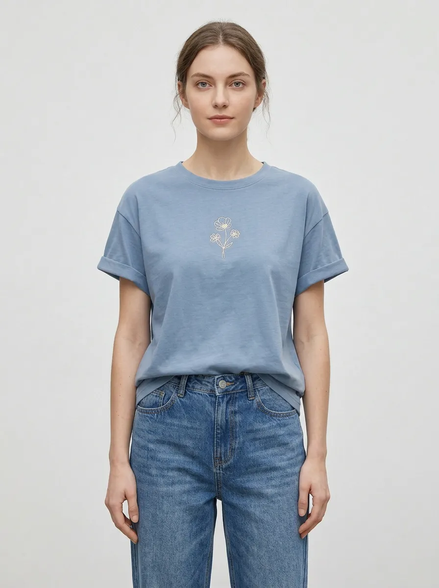 Women's Minimalist Floral Line Art Printed T-shirt and Jeans Set