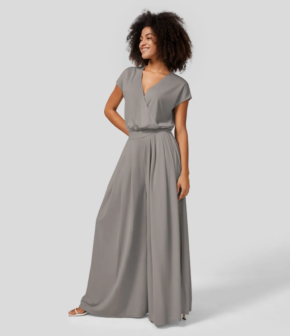V Neck Short Sleeve Plicated Side Pocket Wide Leg Flowy Waffle Casual Jumpsuit