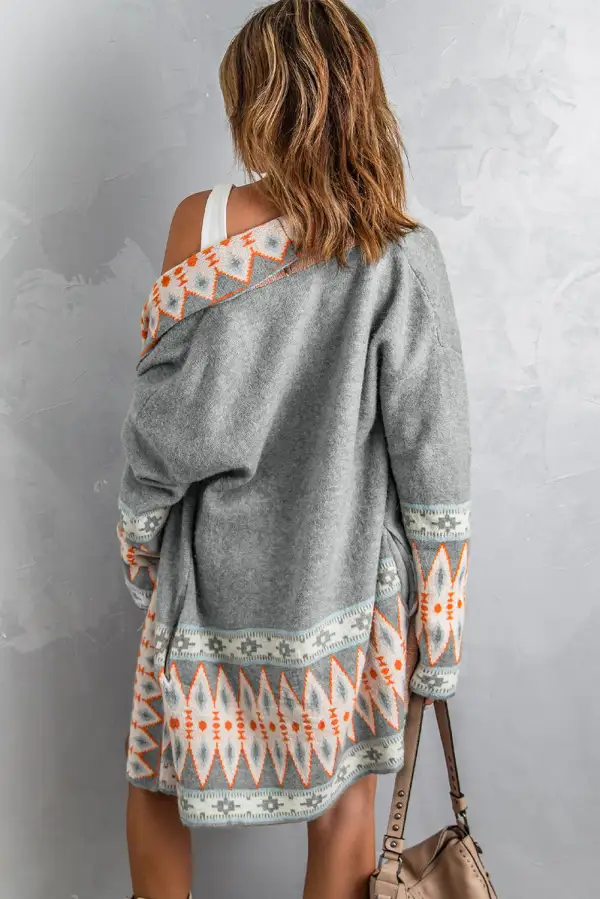 Aztec Print Open Front Knit Long Sleeve Cardigan