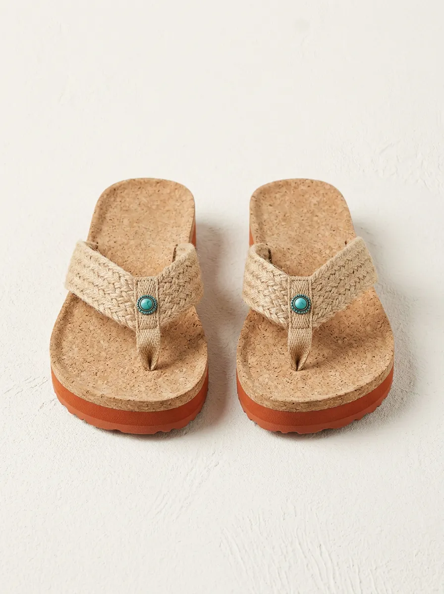 Women's Bohemian Style Turquoise Studded Cork Platform Flip Flops
