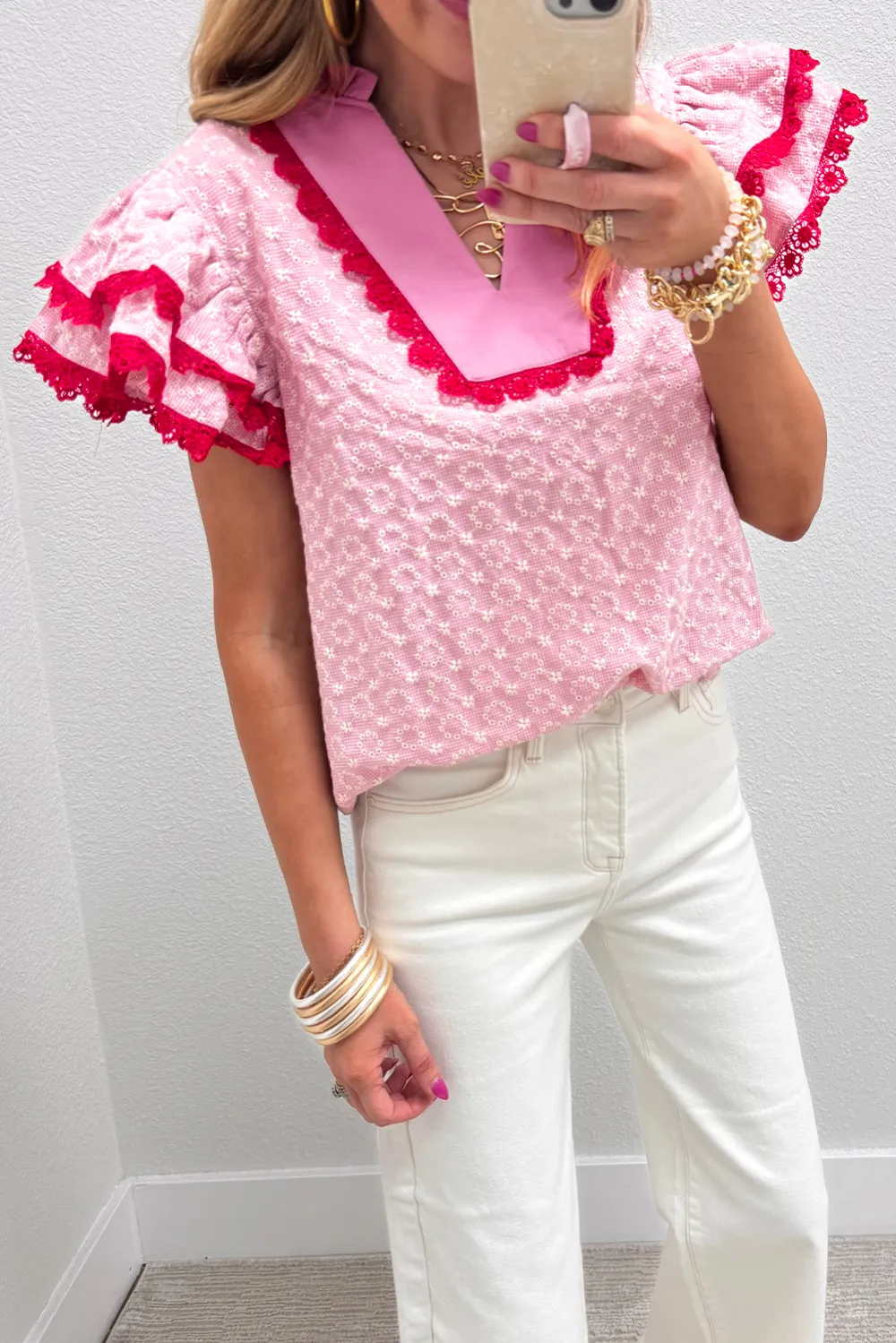 Pink Eyelet Embroidered Flower Texture Blouse