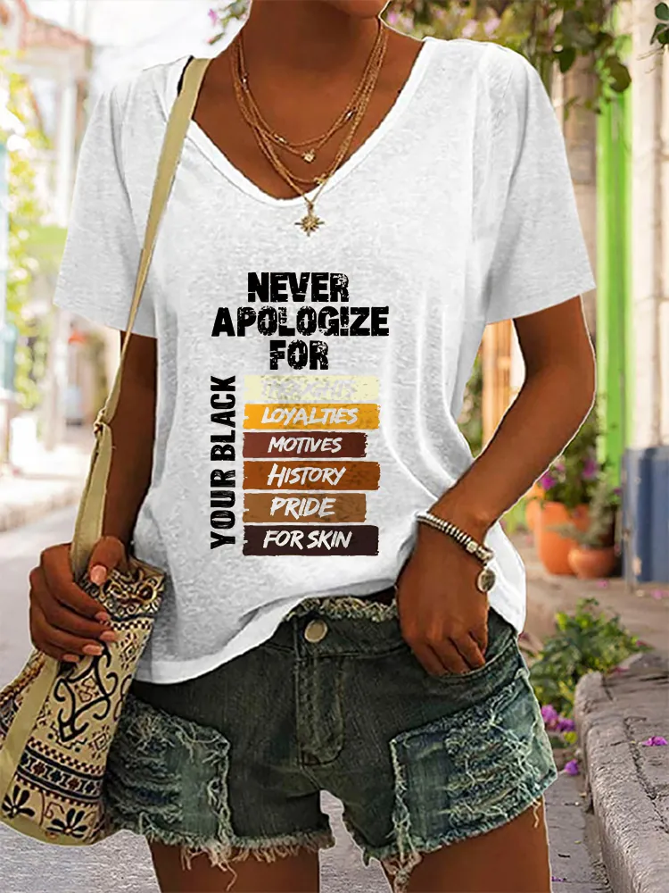 Women's Never Apologize For Your Black Thoughts Loyalties Motives History Pride For Skin V-Neck Short-Sleeved T-Shirt