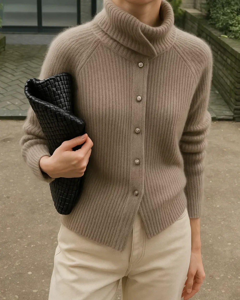 Cashmere Blend Ribbed Turtleneck Knit Cardigan