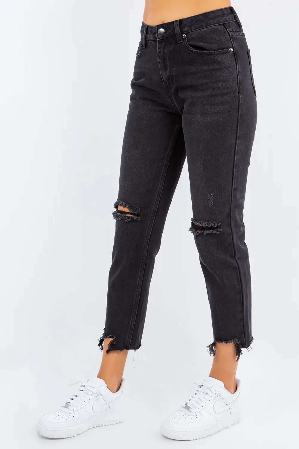 Contoured High Waist Straight Leg Distressed Denim Jeans