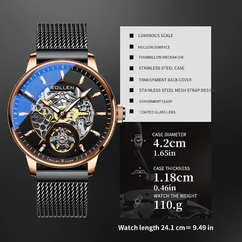Sollen SL208 Men's Full Skeleton Automatic Mechanical Watch - 42mm Stainless Steel Case Frosted Open Dial Luminous Hands Wristwatch