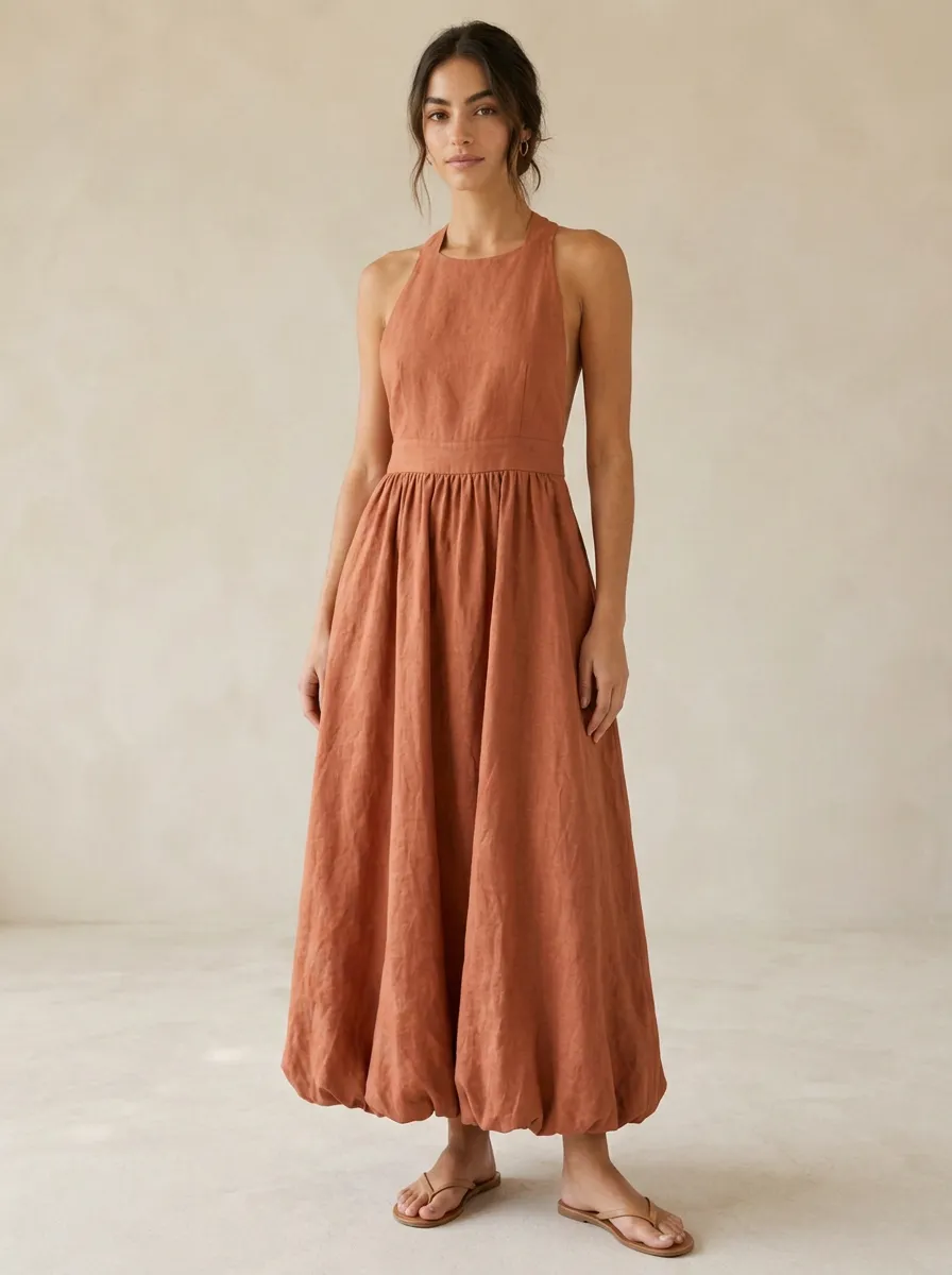 Women's Soft-Drape Boho Linen Maxi Backless Dress