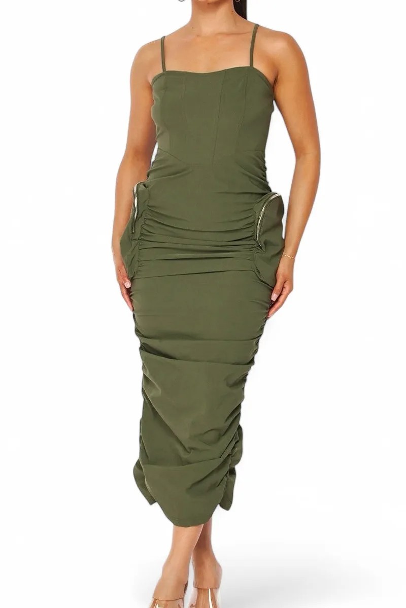 Women's Cargo Pocket Ruched Casual Dress