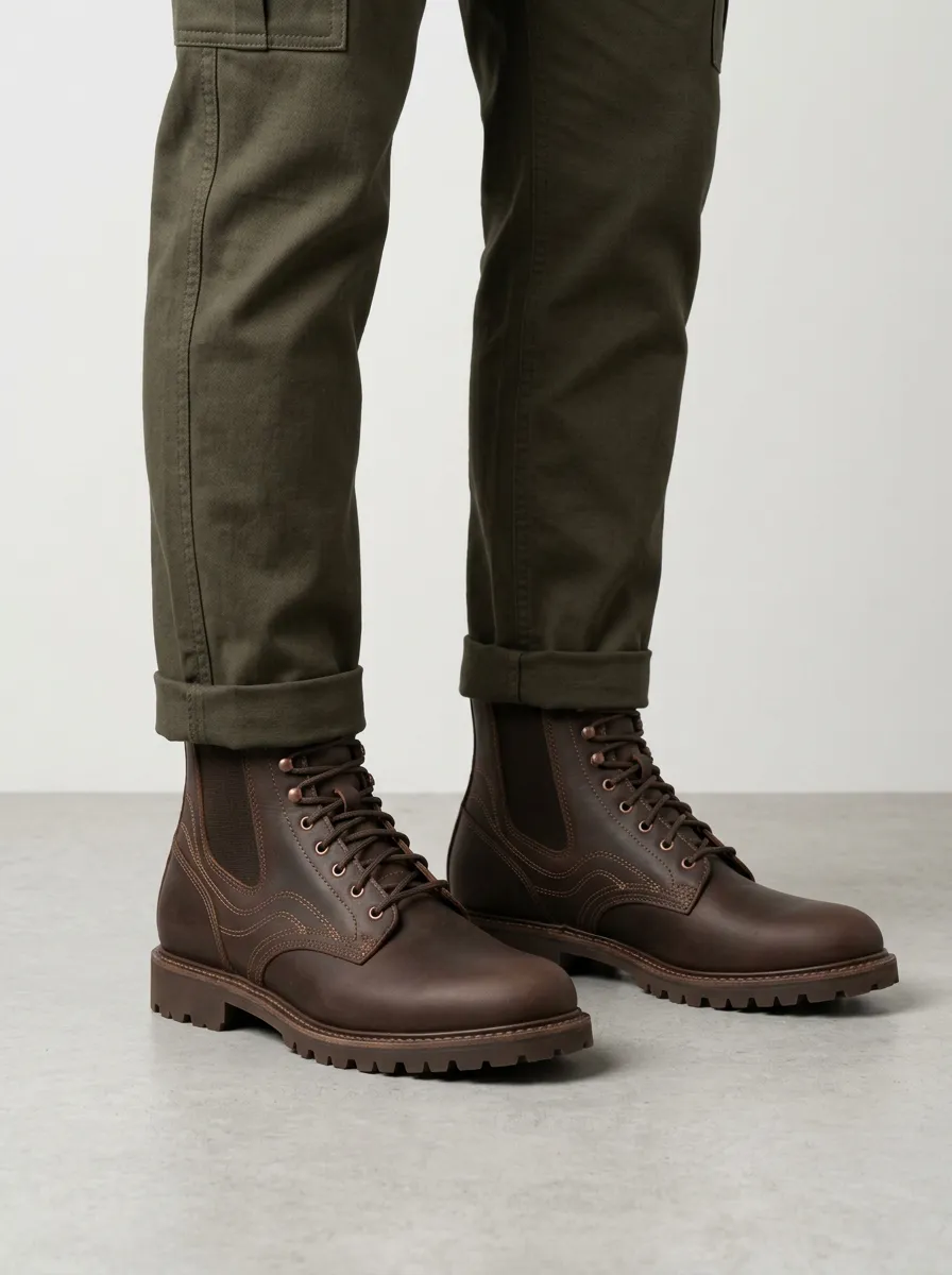 Unisex Leather Stitch Detail Lace-Up Work Boots