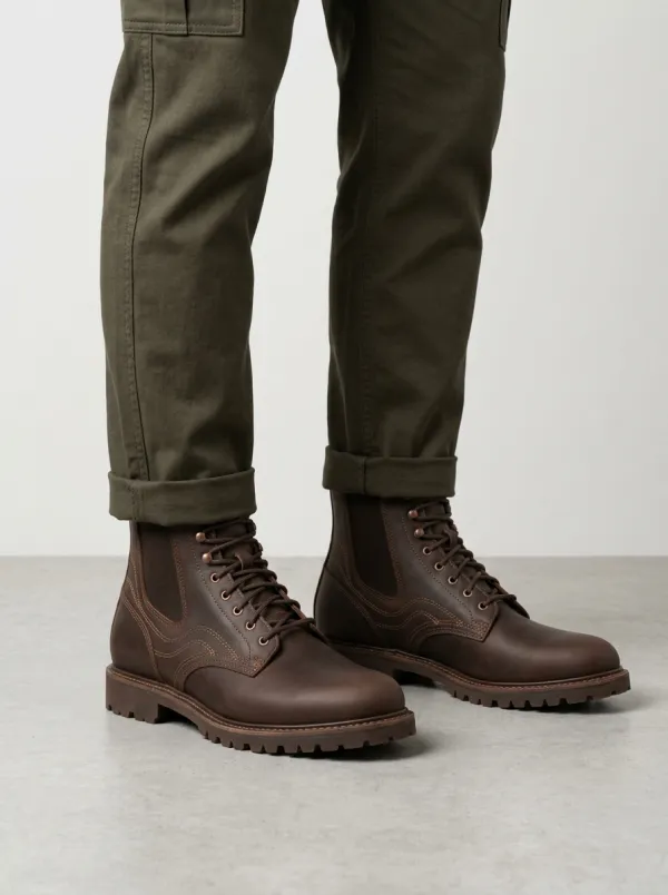 Unisex Leather Stitch Detail Lace-Up Work Boots