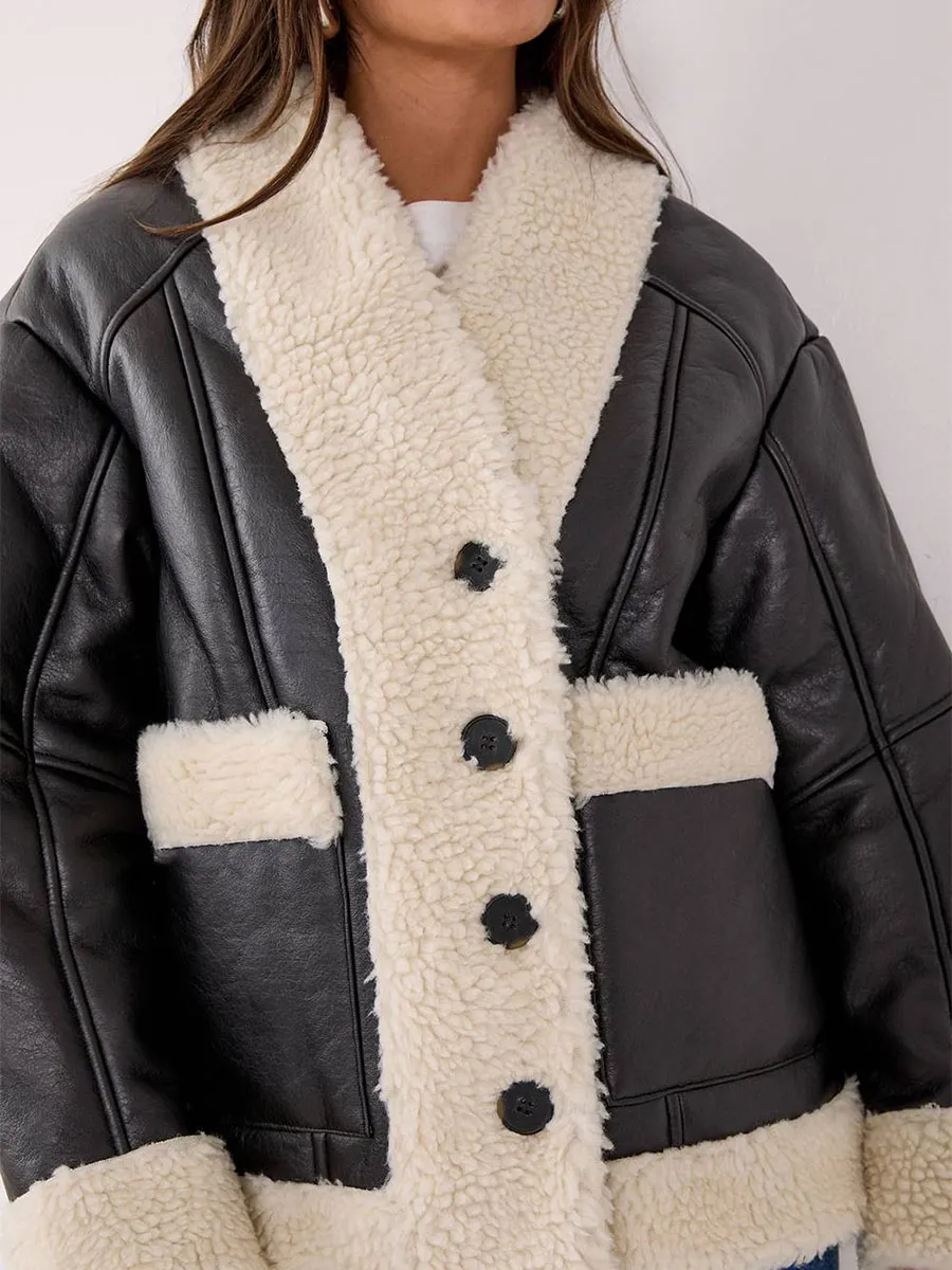 Black Leather Shearling Lined Cropped Jacket