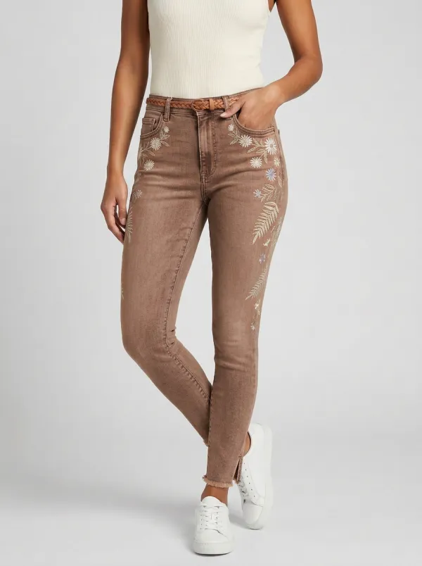 Women's Floral Embroidered Light-Wash Graphic Slim Jeans