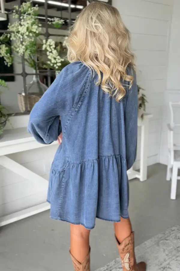 Denim V Neck Ruffle Mini Dress