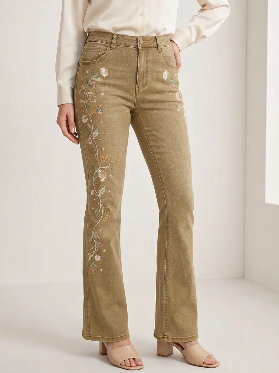 Women's Wildflower Medium Wash Floral Embroidery Flare Jeans