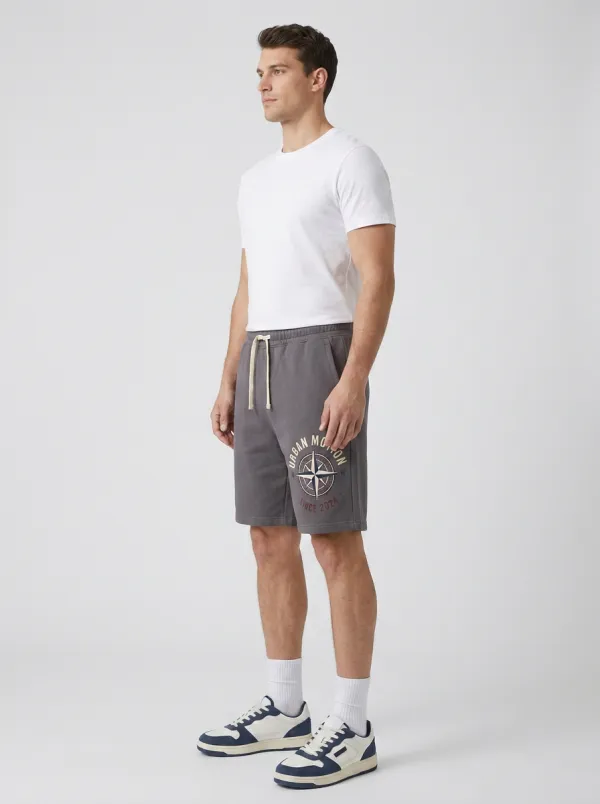 Men's Compass Drawstring Elastic-Waist Relaxed-Fit Printed Sweat Shorts