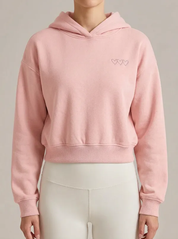 Women's Minimalist Heart Outline Embroidered Grey Cropped Hoodie