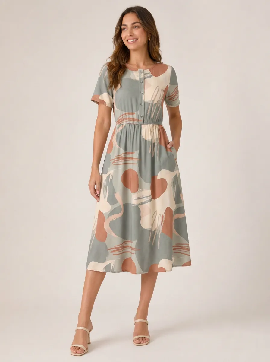 Women's Casual Boho Abstract Pattern Printed Button-Down Midi Dress