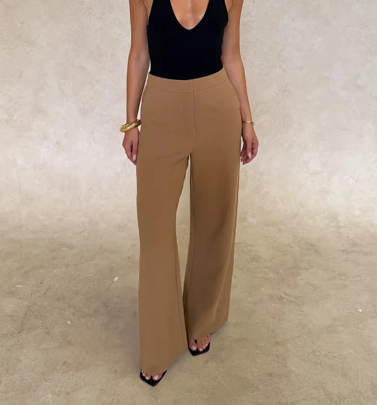 Tan Wide-Leg Tailored Pants