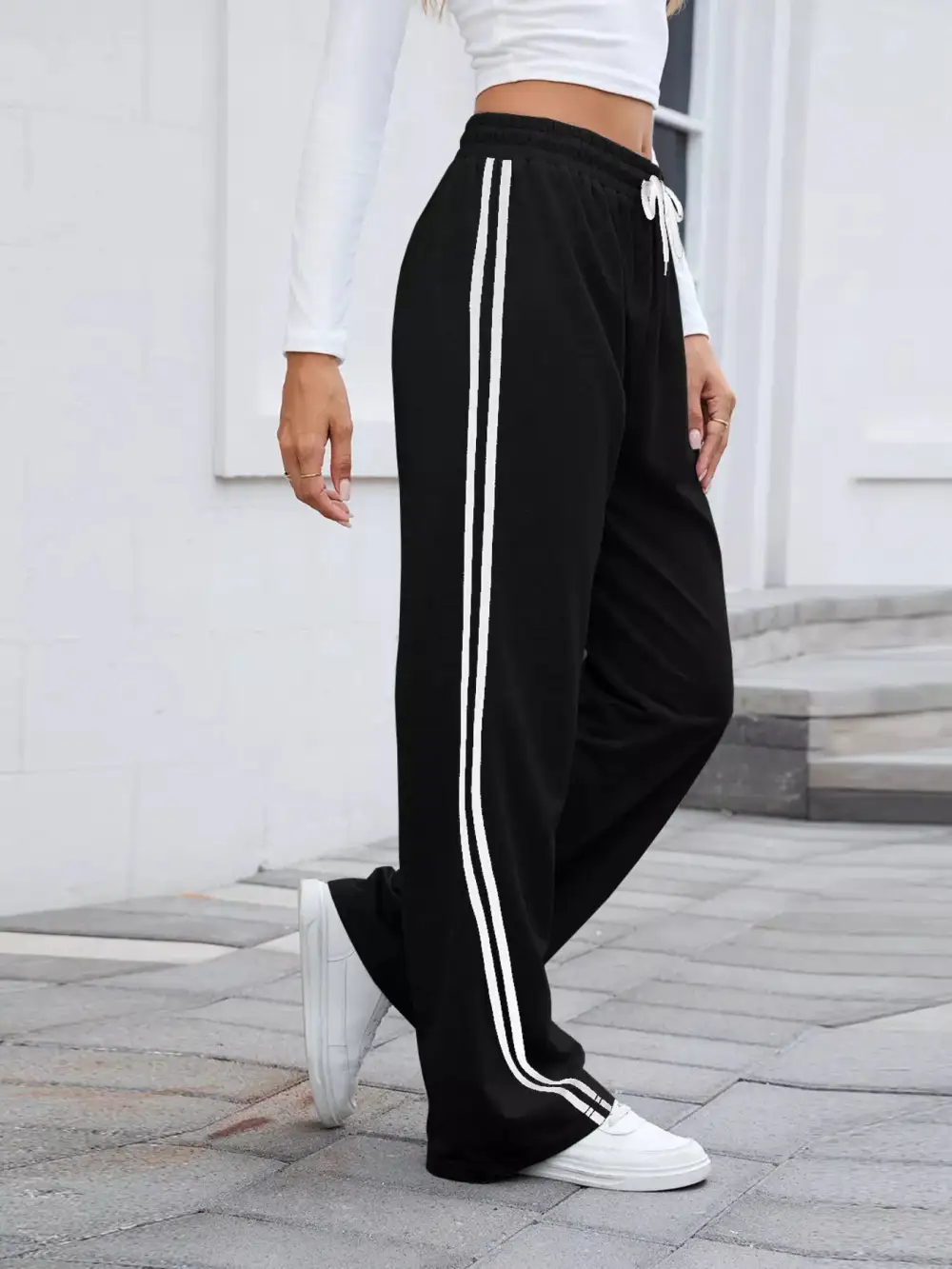 Wide Leg Striped Drawstring Everyday Pants