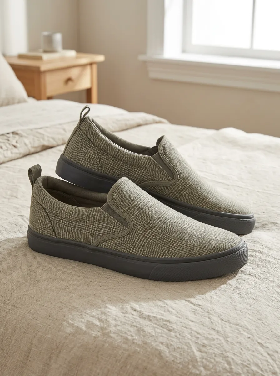 Men's Casual Style Olive Plaid Pattern Printed Canvas Shoes