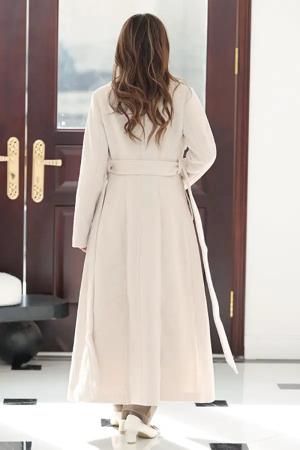 Refined Wool Blend Tailored Double Breasted Belted Lapel Collar Long Coat