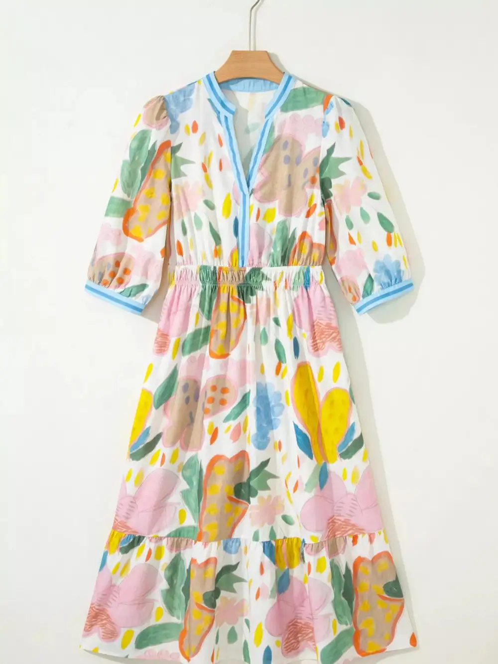 Multicolour Doodle Print Trim V Neck Midi Dress