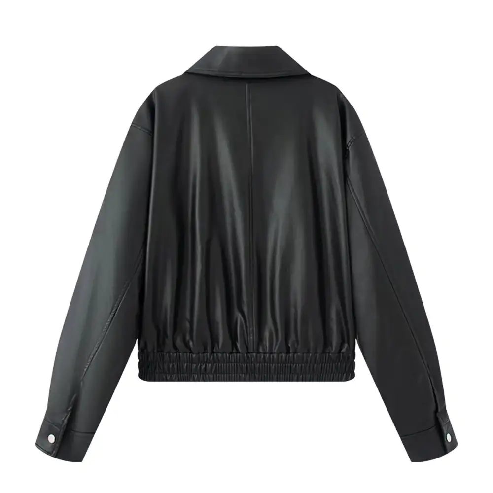 Oversized Faux Leather Shirt Collar Elastic Hem Bomber Jacket