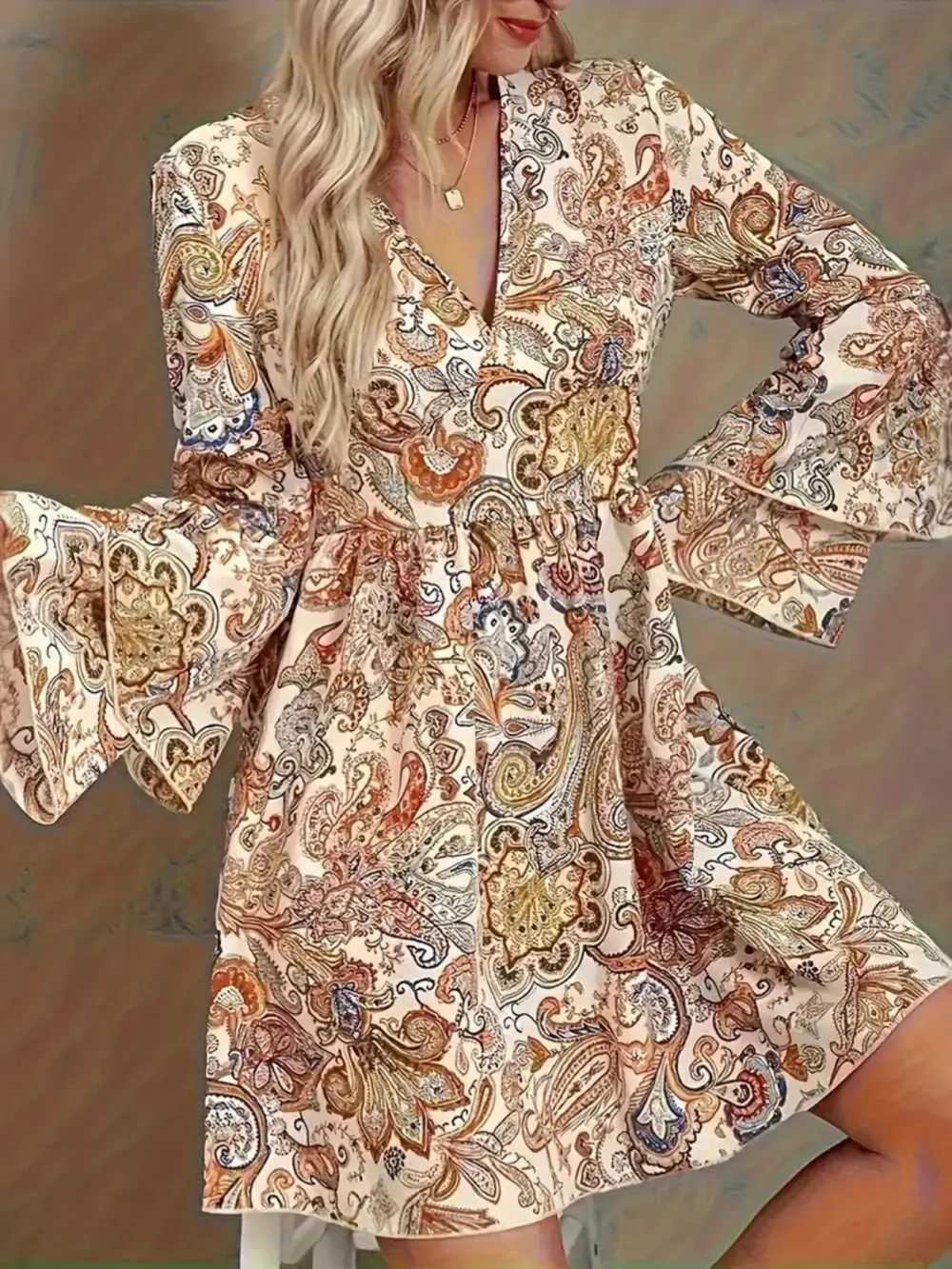 Paisley Printed Bell Sleeve Mini Dress