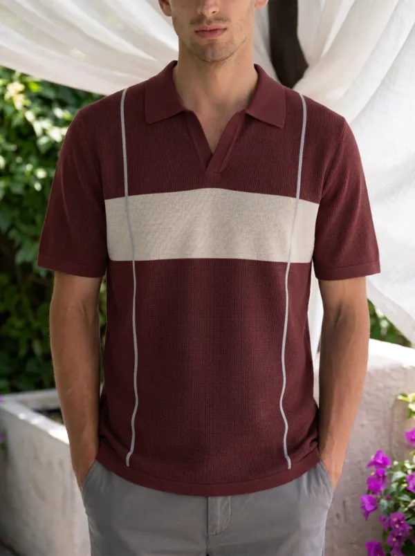 Men's Casual Vintage Striped Colorblock Waffle Knit Polo Shirt