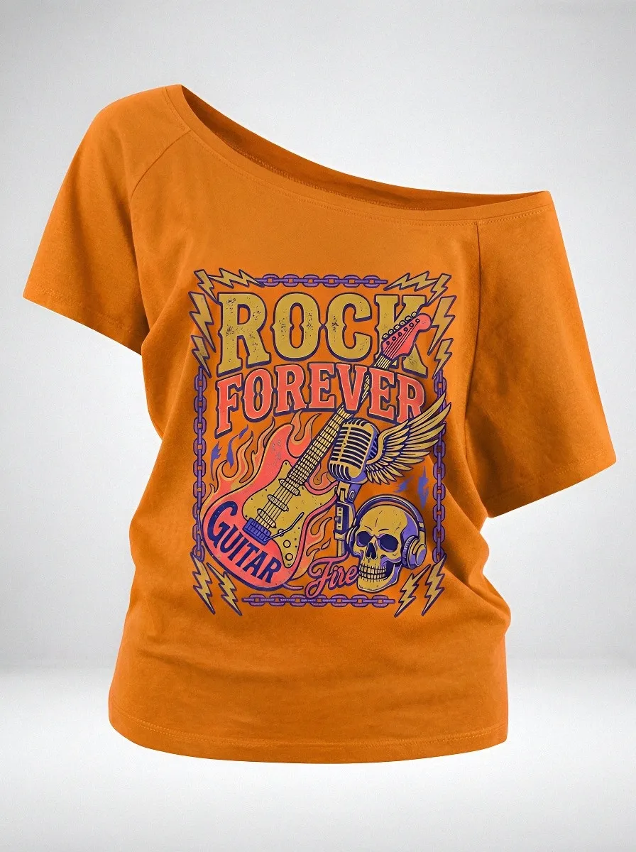 Women's Rock Music Lover Skull Guitar Fire Printed Off-Shoulder T-shirt