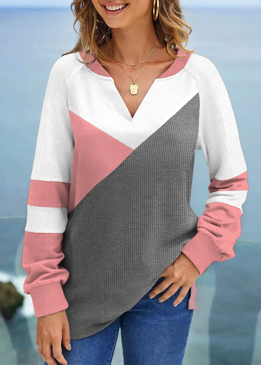 Long Sleeve Split Neck Contrast Sweatshirt