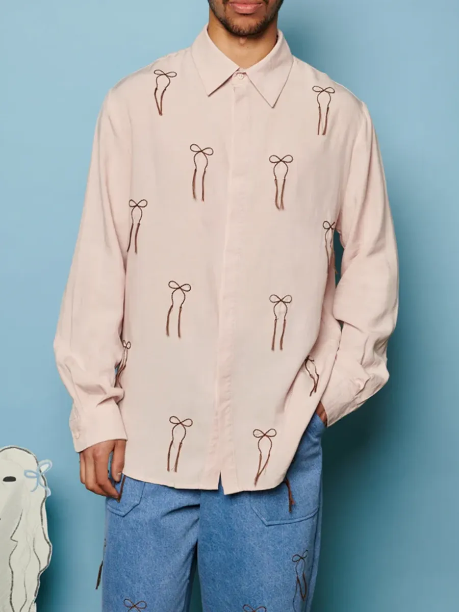 Casual Style Embroidered Bow Shirt