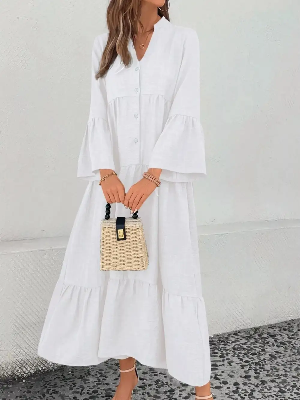 Button Front Ruffle Tiered Dress Casual