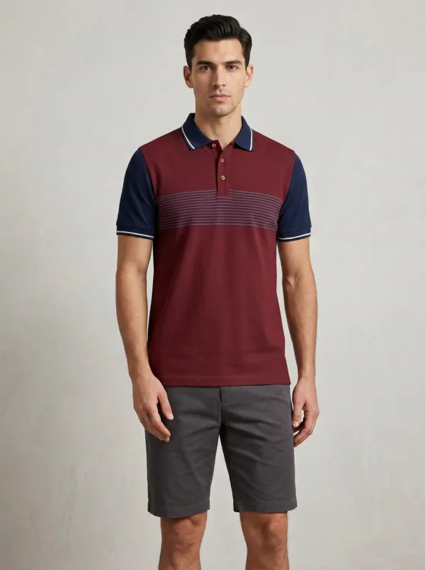 Men's Casual Colorblock Striped Pattern Printed Polo Shirt