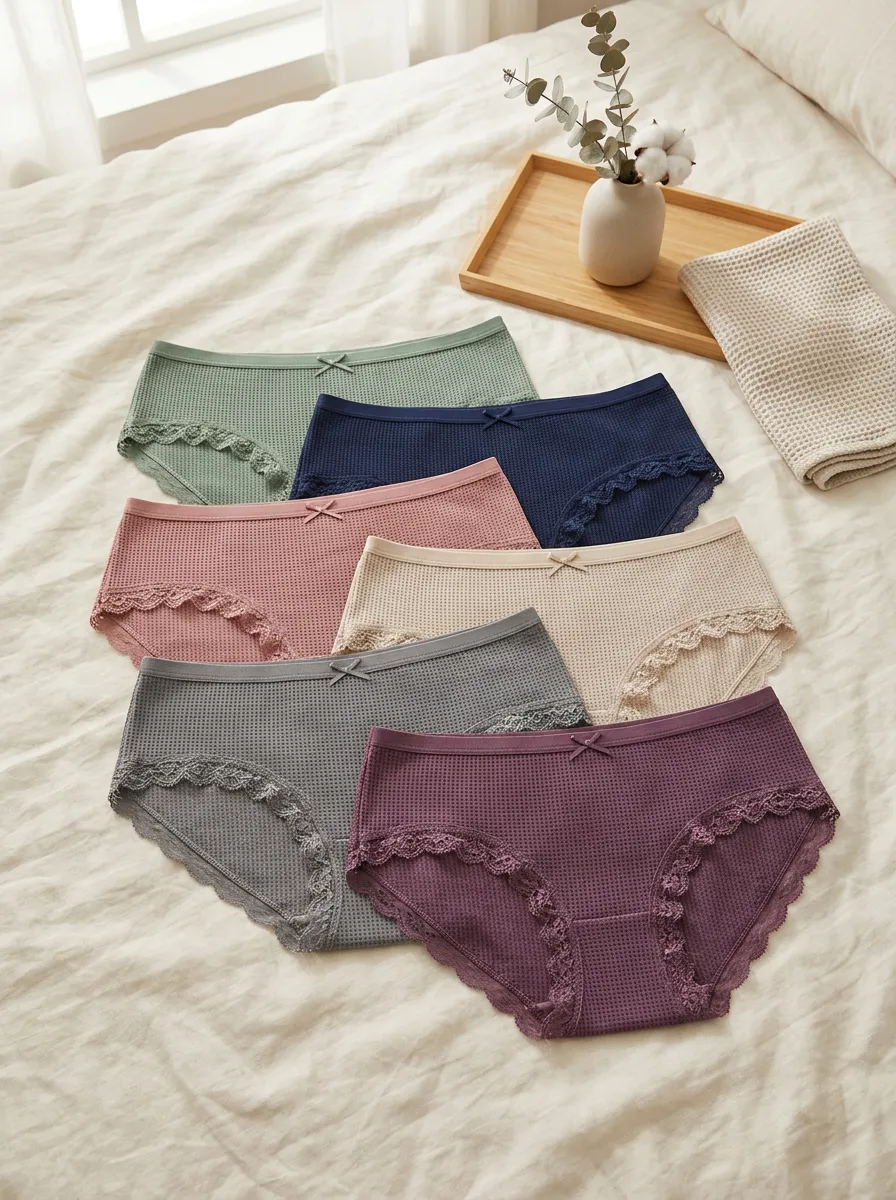 Women's Waffle Knit Lace Trim 6-Piece Panty Set