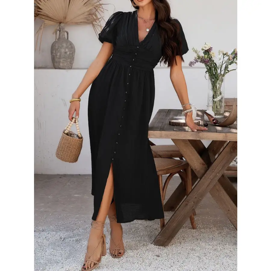 V-Neck Puff Short Sleeve Midi Dress