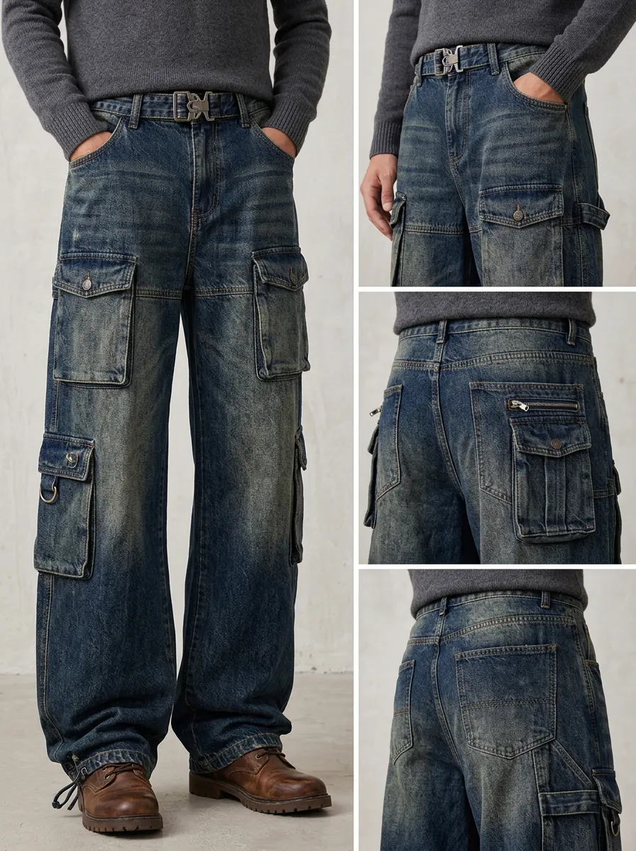 Men's Washed Multi-Pocket Button Fly Cargo Jeans