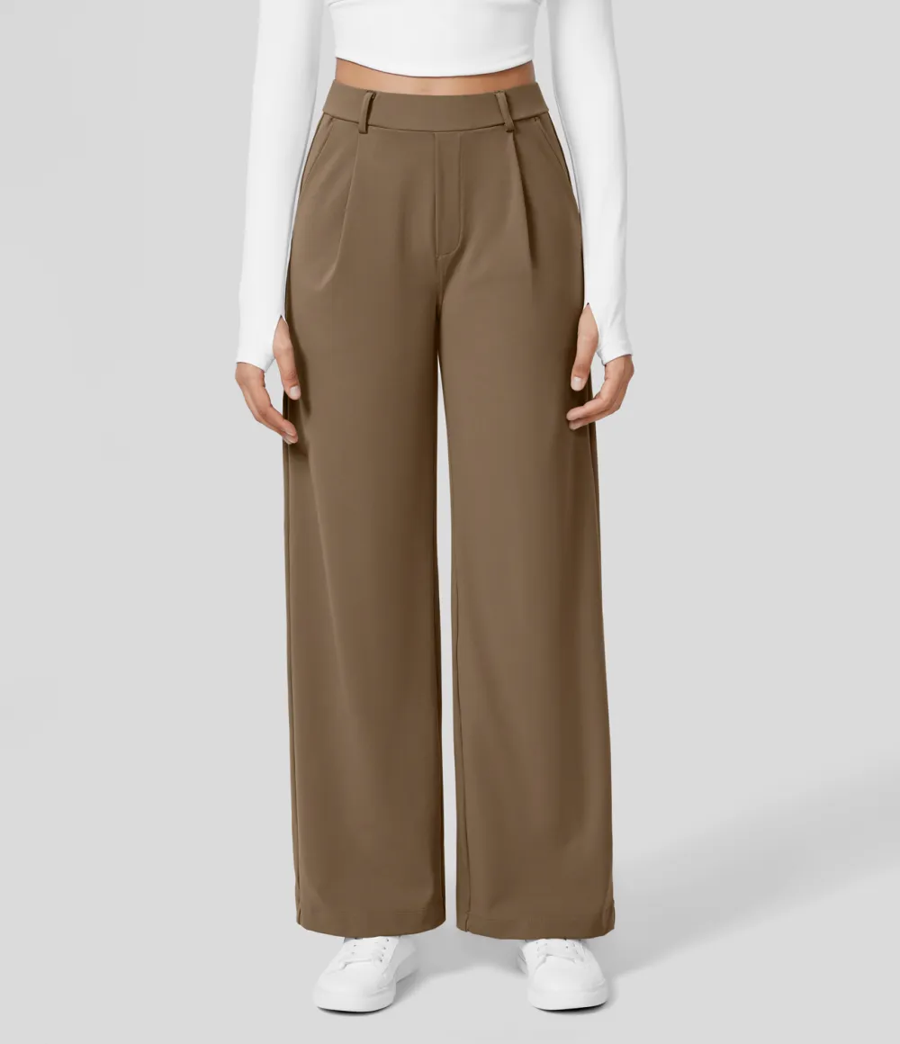 2026🔥  High Waisted Plicated Side Pocket Straight Leg Work Pants