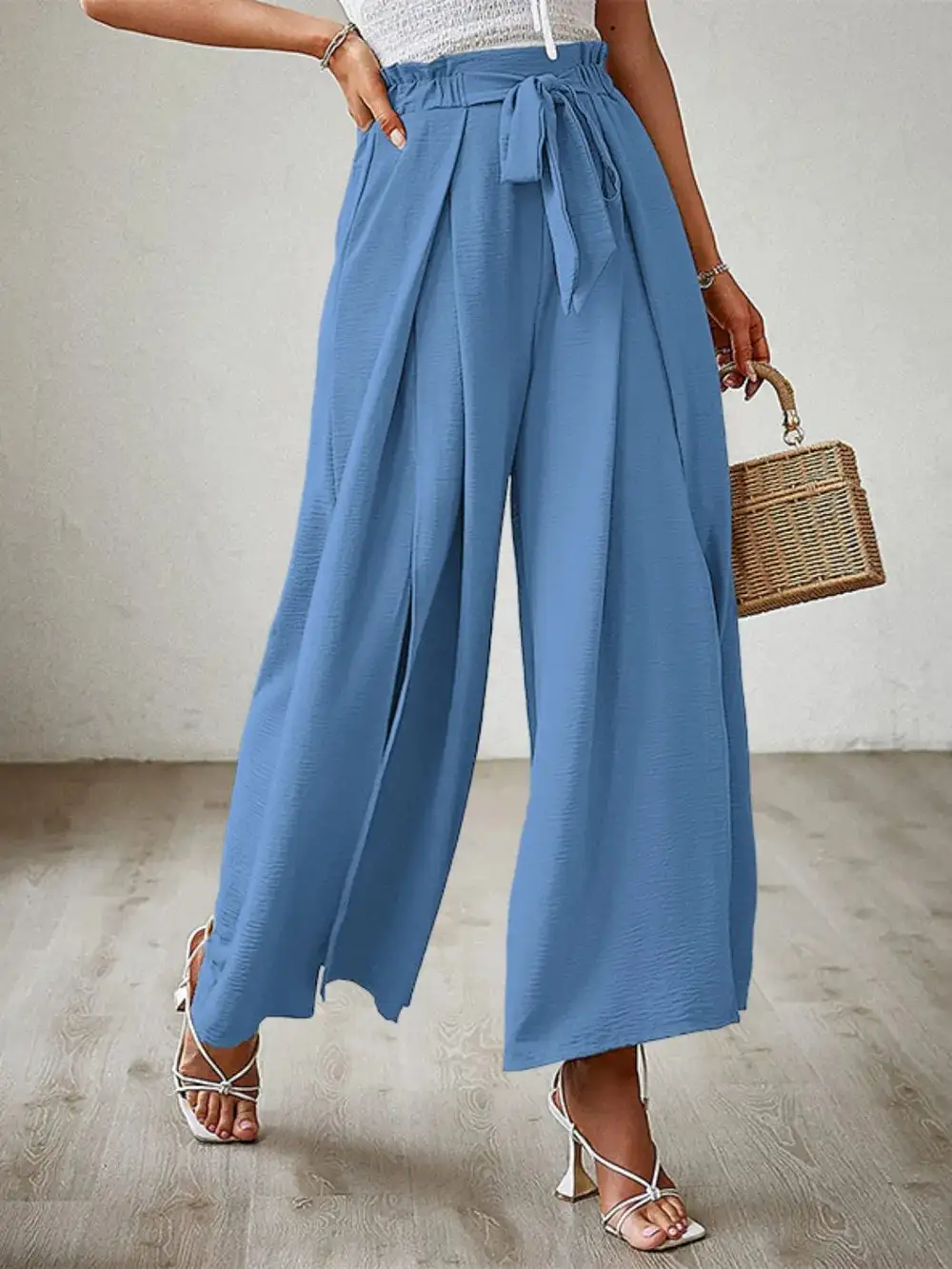 Wide Leg Tie Waist Slit Detail Casual Pants