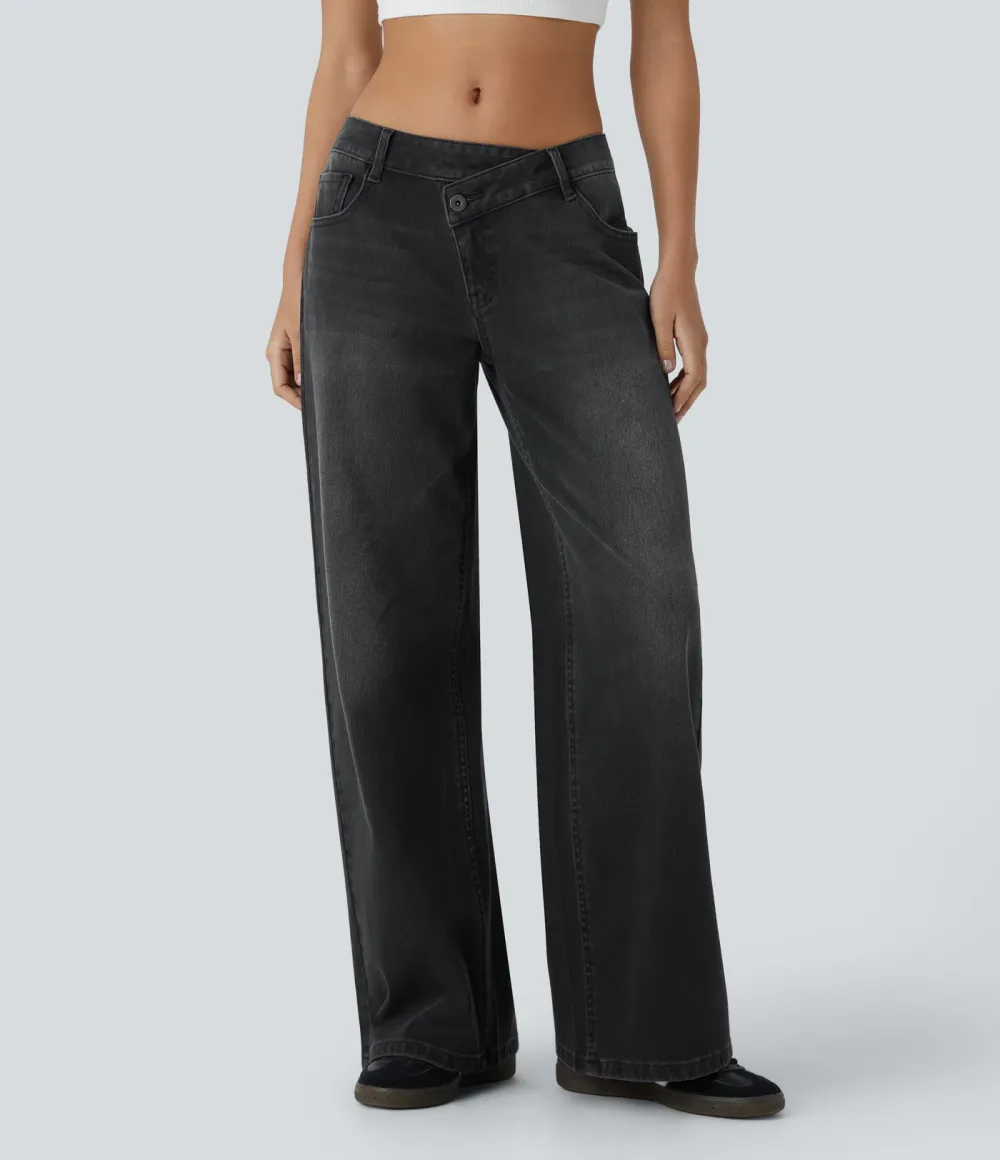 2026🔥  Low-rise wide-leg asymmetric jeans with button, zip, and multiple pockets; stretch knit fabric with a washed finish.
