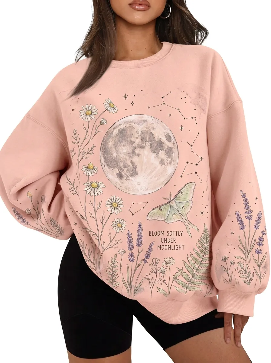 Women's Beige Celestial Moon Moth Floral Crewneck Sweatshirt